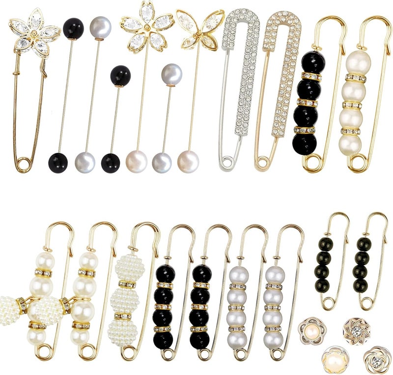 Bulrash 24 Pieces Pearl Crystal Brooch Safety Pins Button Pins Pant Waist Tightener Pins for Clothes Sweater Shawl Collar Dress Cardigan Shirt Jeans Decoration Accessories for Women Girls - Image 1